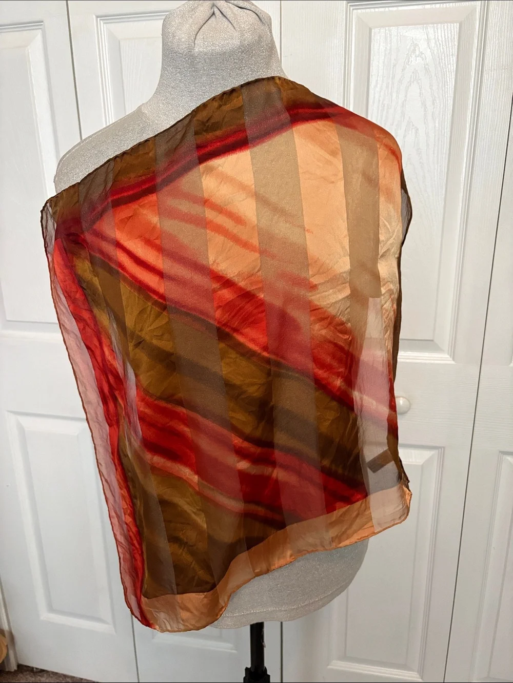 100% Silk Casual Corner Sheer Diagonal Striped Scarf in Red Gold and Brown Tones